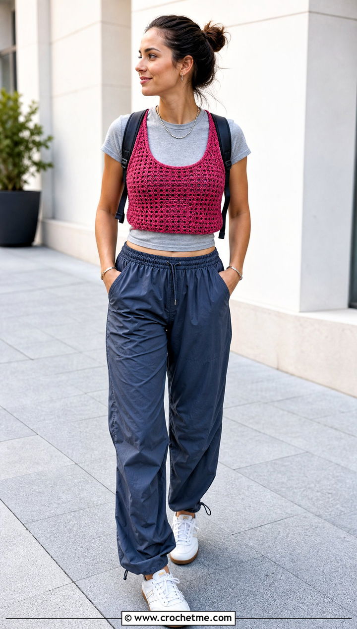 Scoop Neck Chunky Crochet Vest With Parachute Pants - 30 crochet chunky vest outfit ideas