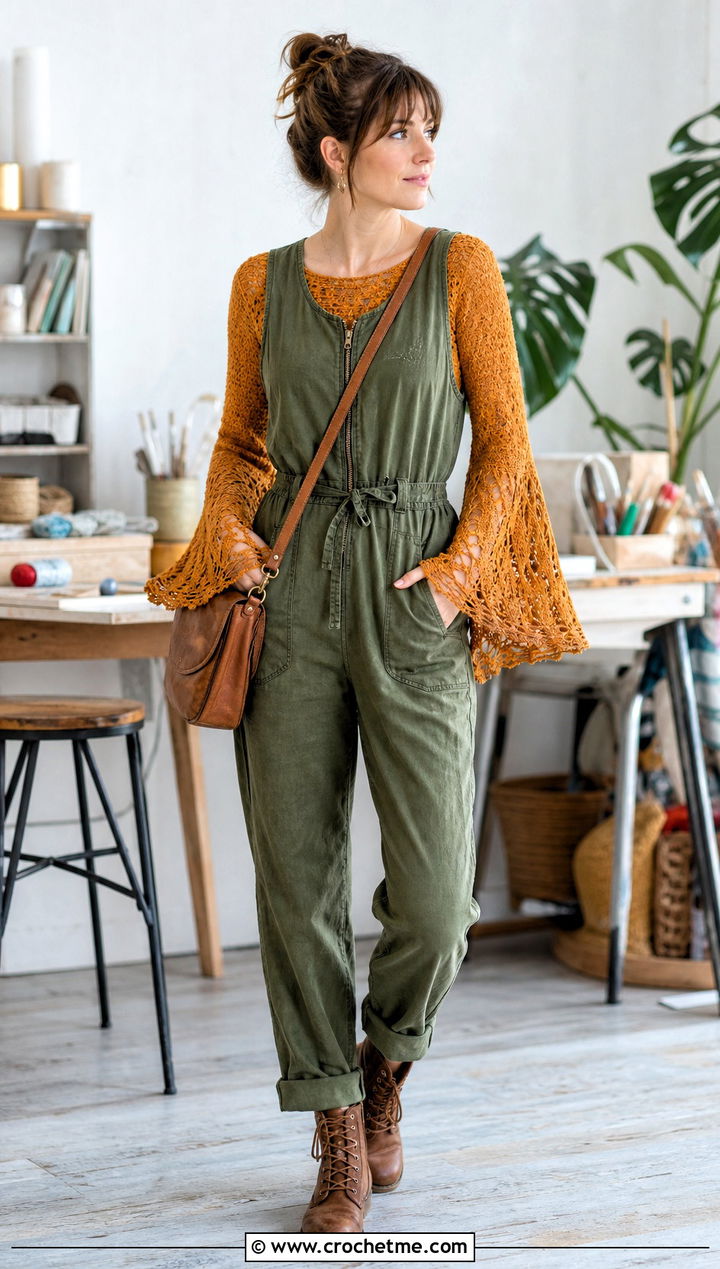 Scoop Neck Crochet Bell Sleeve Top With Utility Jumpsuit - 30 crochet top with bell sleeves outfit ideas