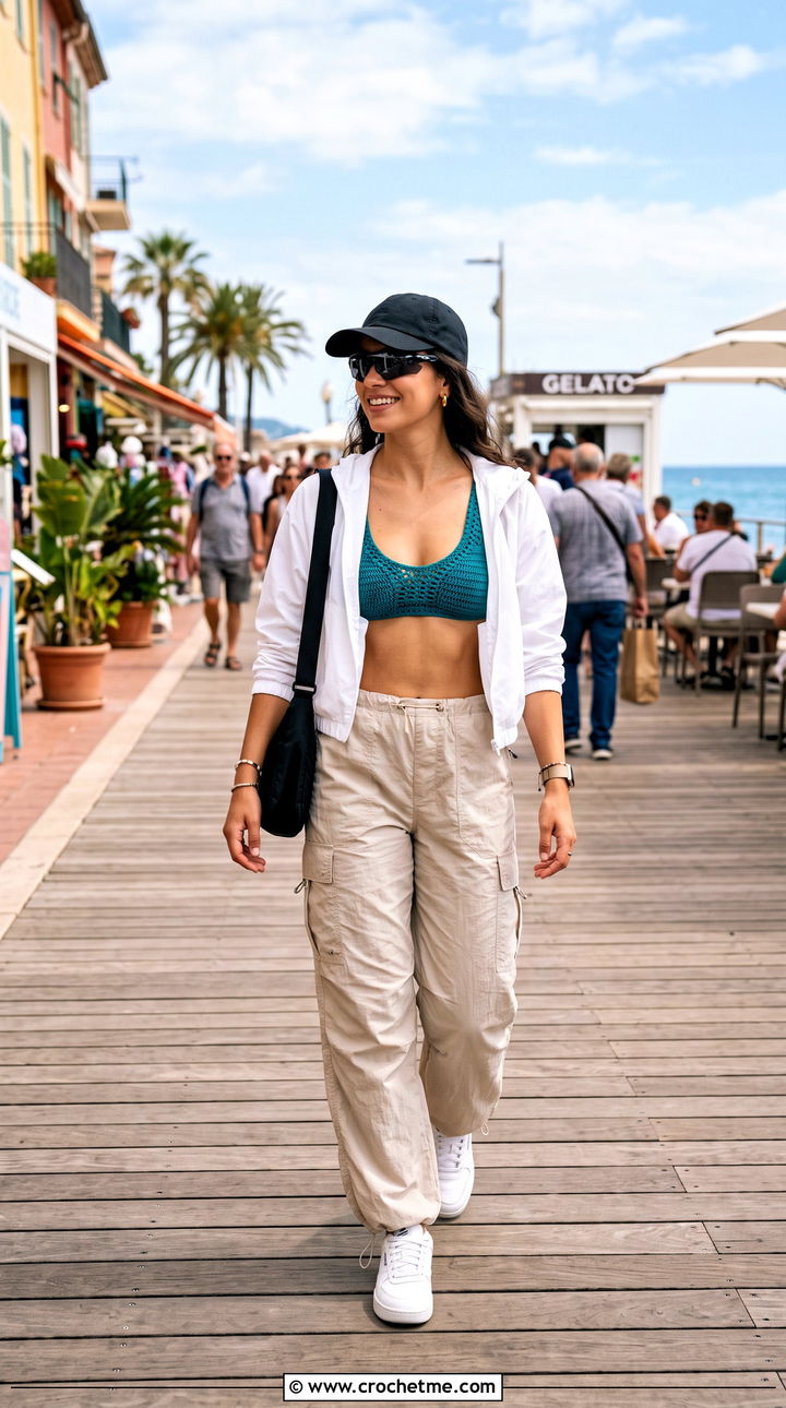 Scoop Neck Crochet Bikini With Cargo Pants - 35 crochet bikinis outfit ideas