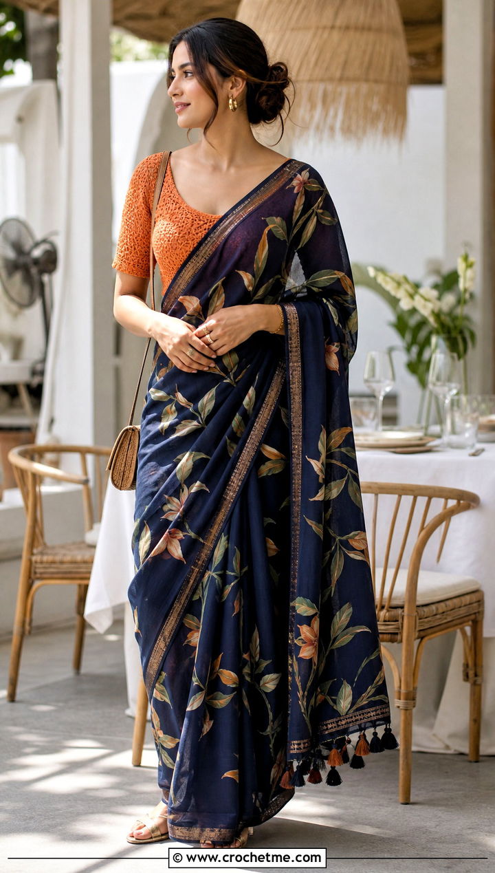 Scoop Neck Crochet Blouse With Printed Saree - 35 Crochet Blouse For Saree outfit ideas