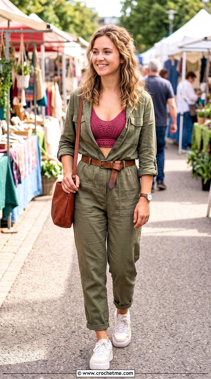 Scoop Neck Crochet Bra Top With Utility Jumpsuit - 35 crochet bra top outfit ideas