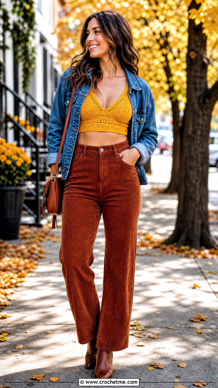 Scoop Neck Crochet Bralette With Corduroy Pants - 35 crochet bralette outfit ideas