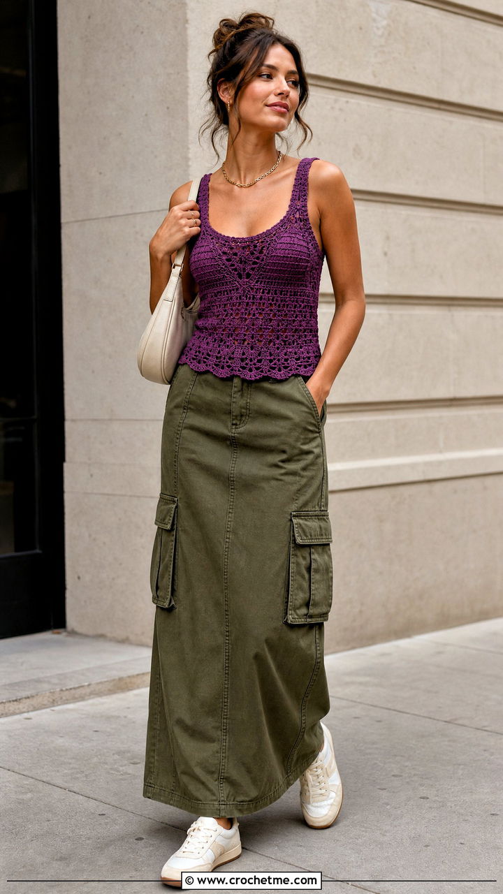 Scoop Neck Crochet Camisole With Cargo Maxi Skirt - 35 crochet camisole outfit ideas