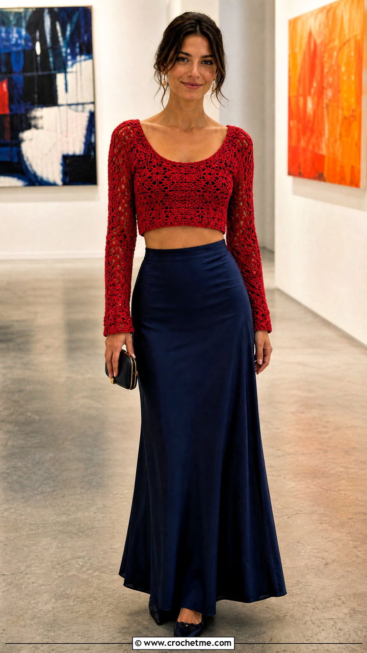 Scoop Neck Crochet Crop Sweater With Satin Maxi Skirt - 35 crochet crop sweater outfit ideas