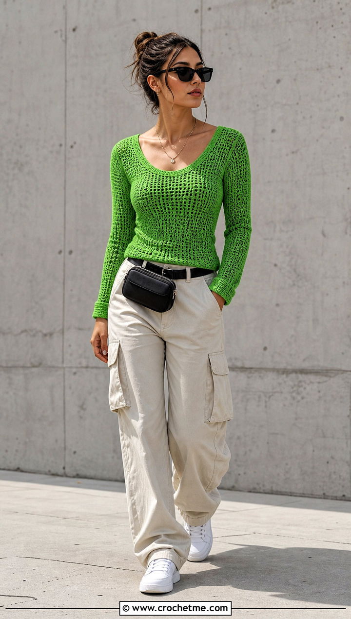 Scoop Neck Crochet Fitted Sweater With Cargo Pants - 30 crochet fitted sweater outfit ideas