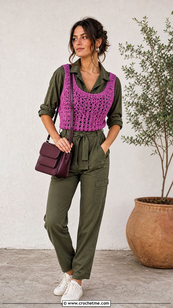 Scoop Neck Crochet Sweater Vest With Utility Jumpsuit - 35 crochet sweater vest outfit ideas