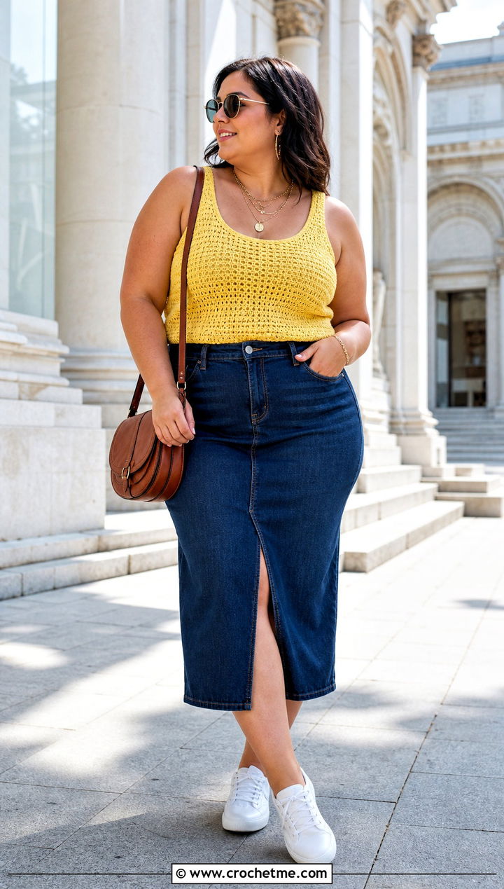 Scoop Neck Crochet Tank Top With A Denim Midi Skirt - 25 plus size crochet tank top outfit ideas