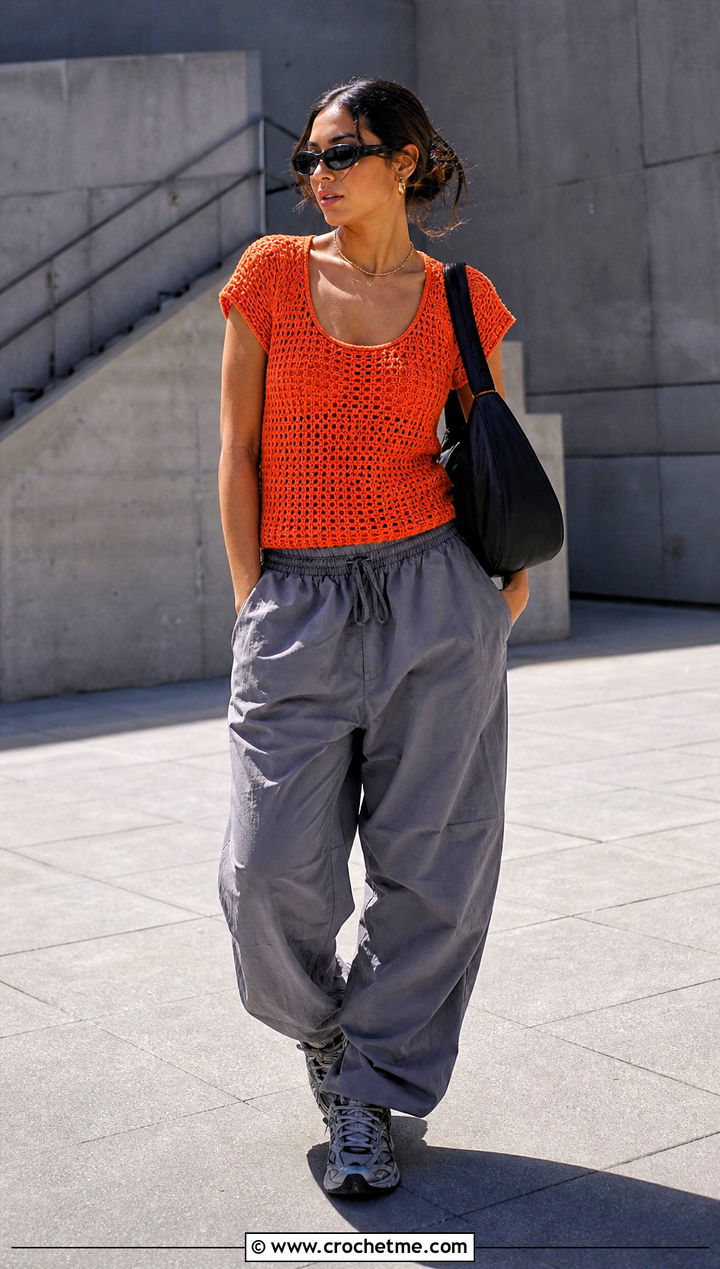 Scoop Neck Crochet Tee With Parachute Pants - 35 crochet tee outfit ideas