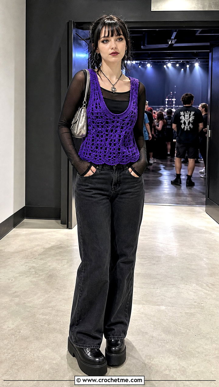 Scoop Neck Crochet Vest With a Mesh Top - 35 crochet vests outfit ideas