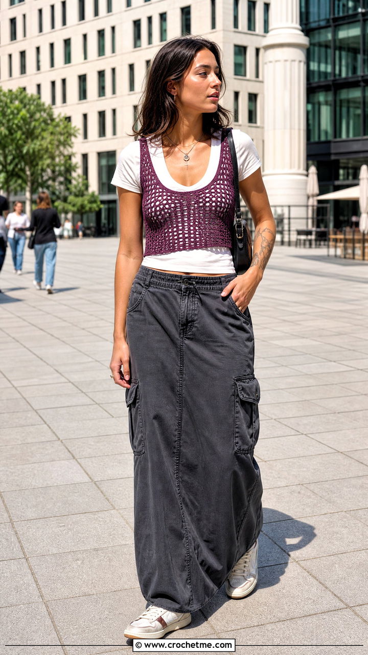 Scoop Neck Cropped Mesh Vest With Cargo Maxi Skirt - 35 crochet mesh vest outfit ideas