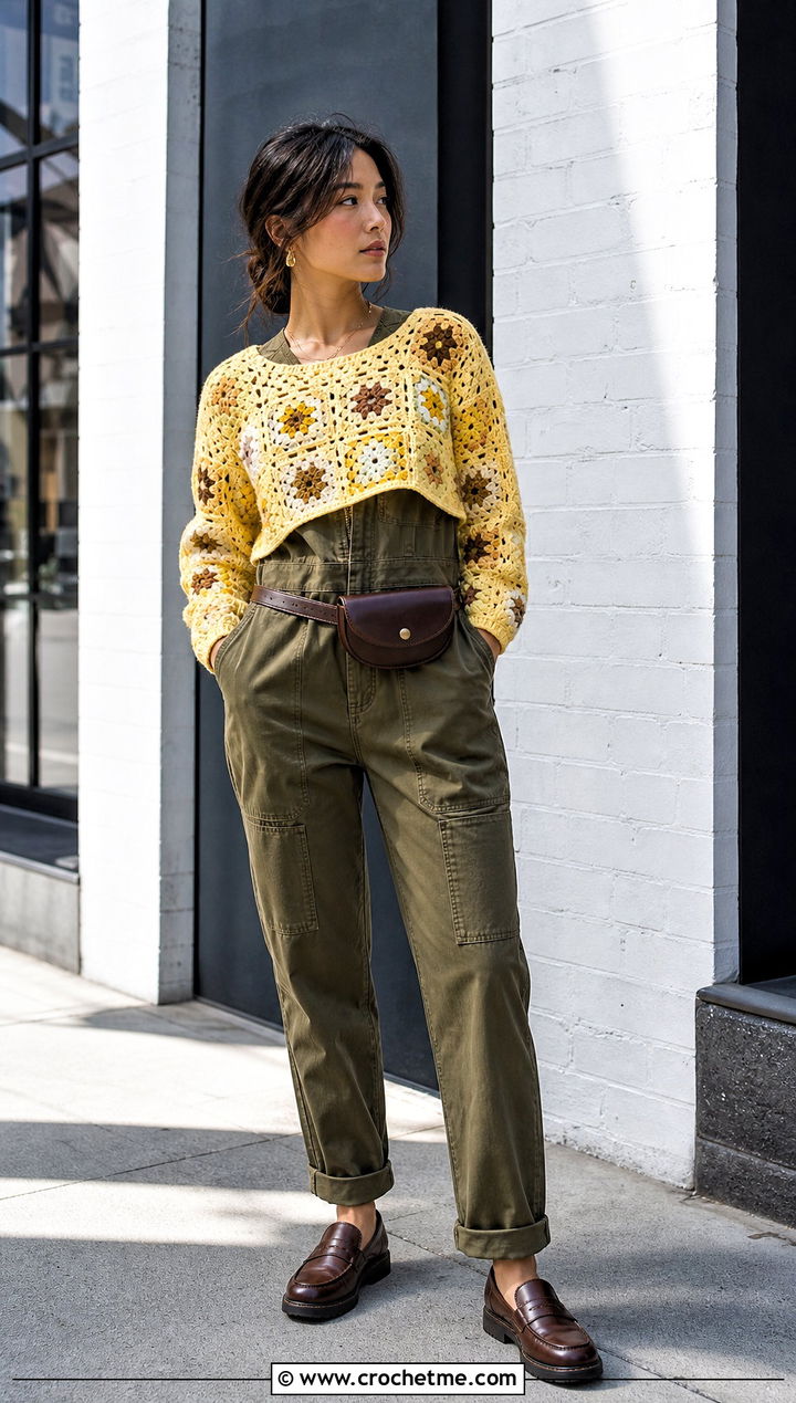 Scoop Neck Granny Square Jumper With Utility Jumpsuit - 35 granny square jumper outfit ideas