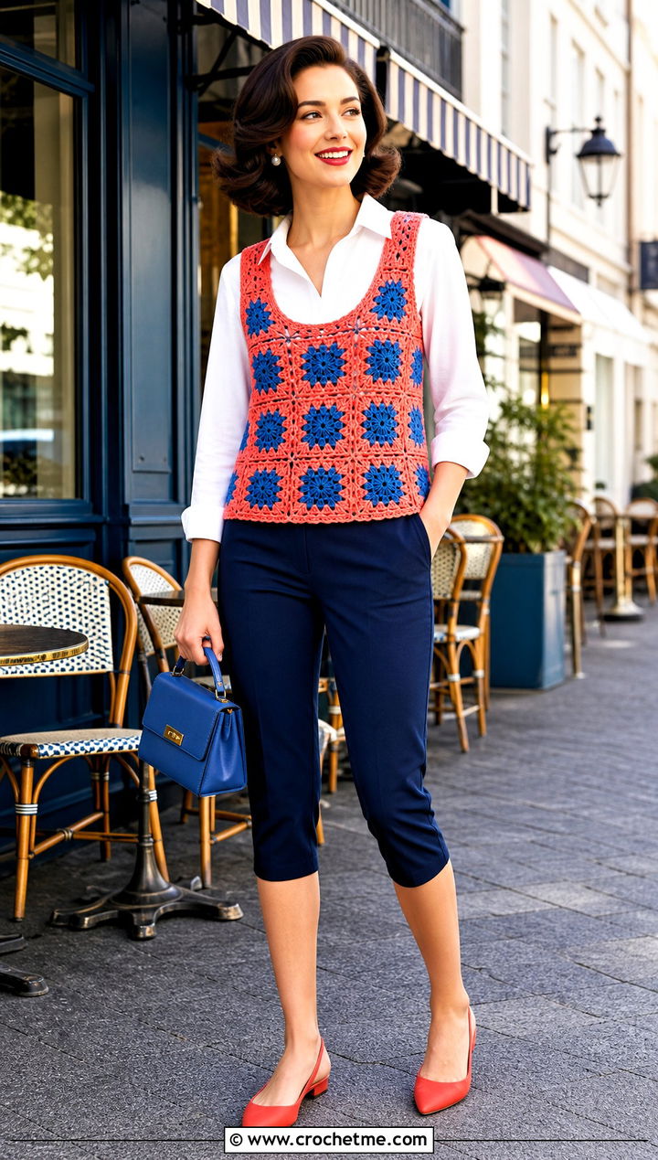 Scoop Neck Granny Square Waistcoat With Capri Pants - 35 granny square waistcoat outfit ideas