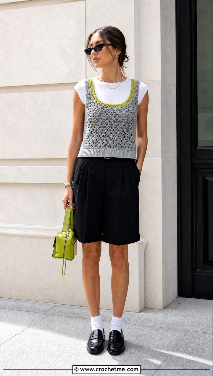 Scoop Neck Gray Crochet Sweater Vest With Bermuda Shorts - 15 Gray Crochet Sweater Vest outfit ideas