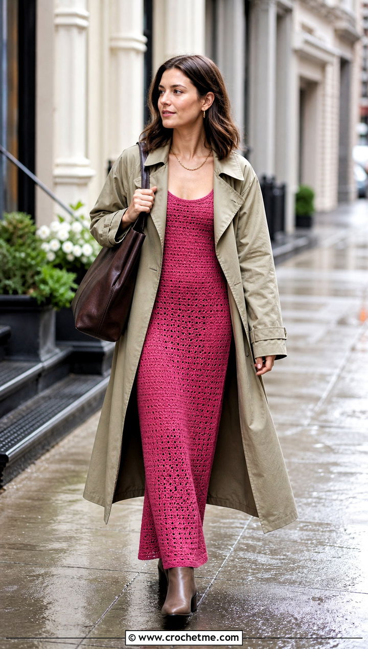 Scoop Neck Long Crochet Dress With Trench Coat - 35 Long Crochet Dress outfit ideas