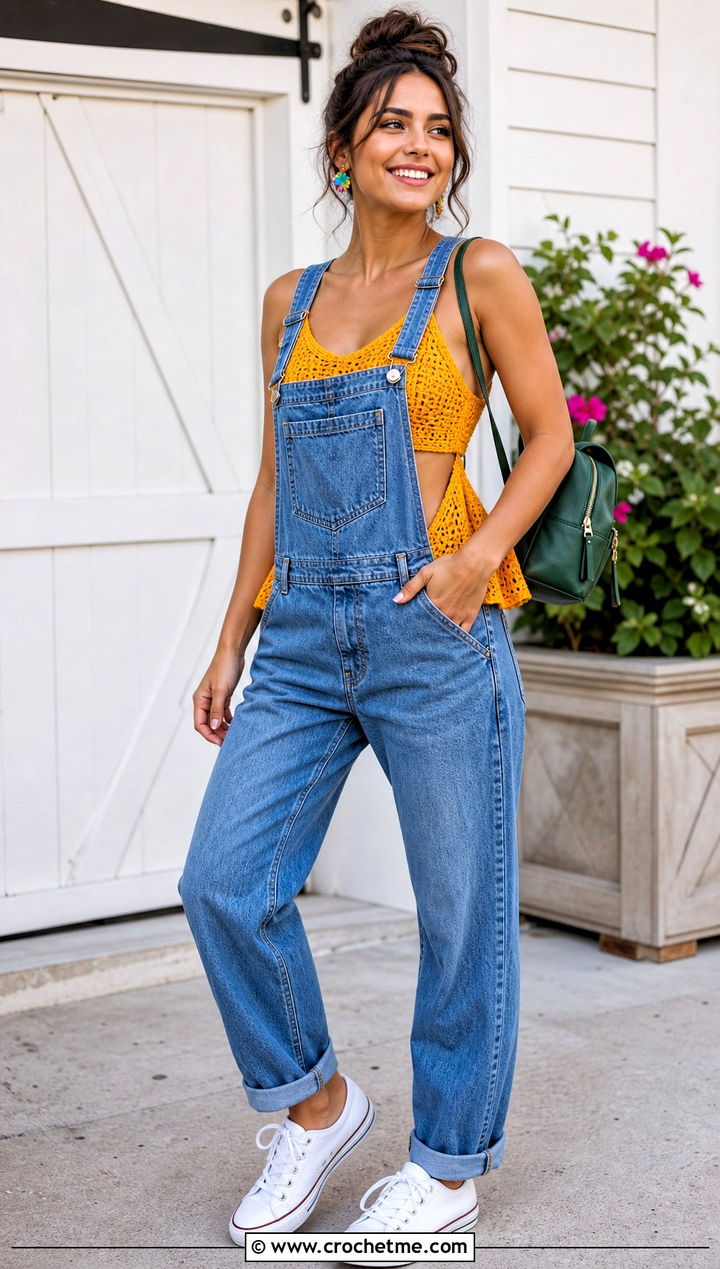 Scoop Neck Peplum Crochet Top With Denim Overalls - 35 peplum crochet top outfit ideas