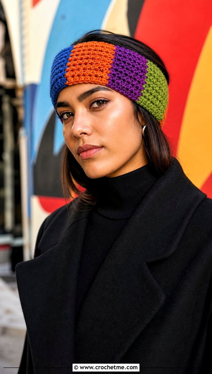 Scrap Yarn Color Block Crochet Ear Warmer With Black Outfit - 25 Diy Crochet Headband Ear Warmers outfit ideas