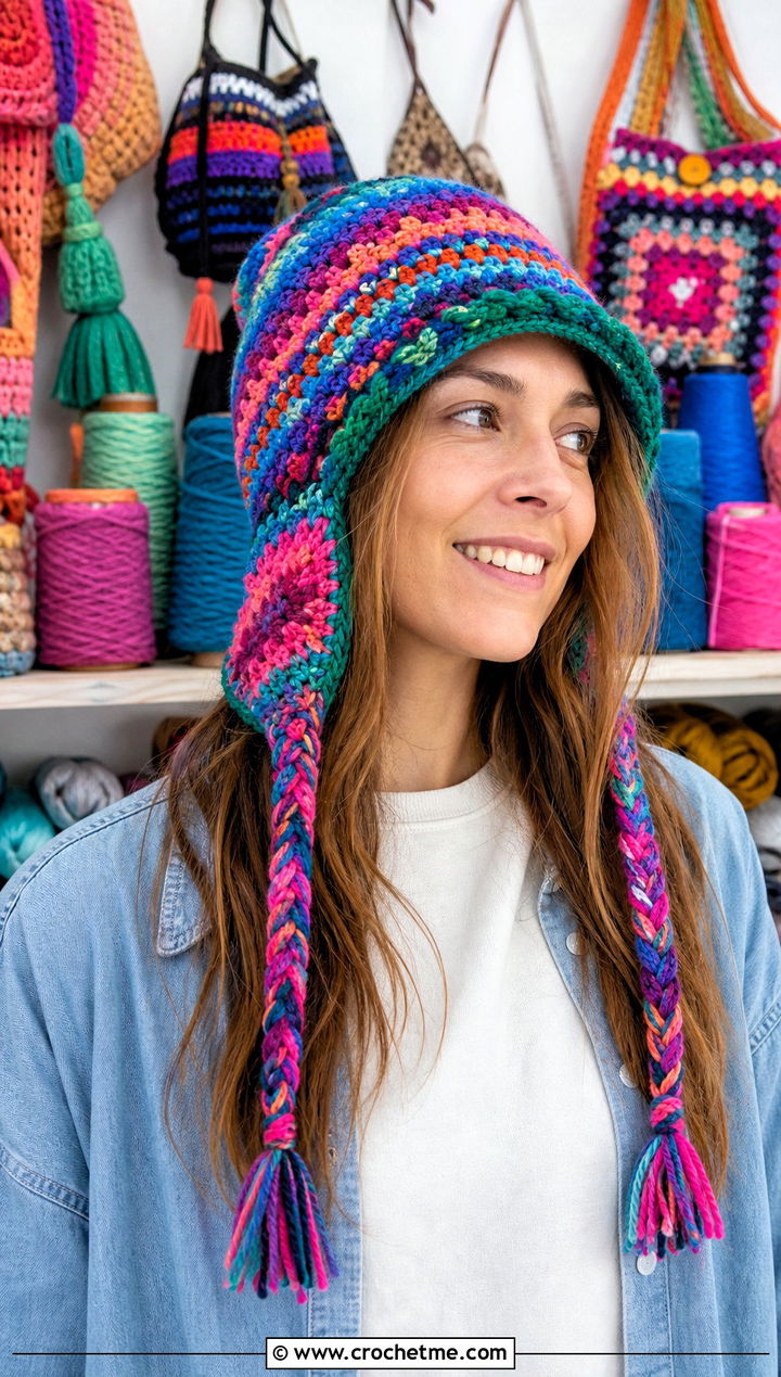 Scrap Yarn Crochet Ear Flap Hat With Colorful Casual Outfit - 30 crochet adult ear flap hat outfit ideas