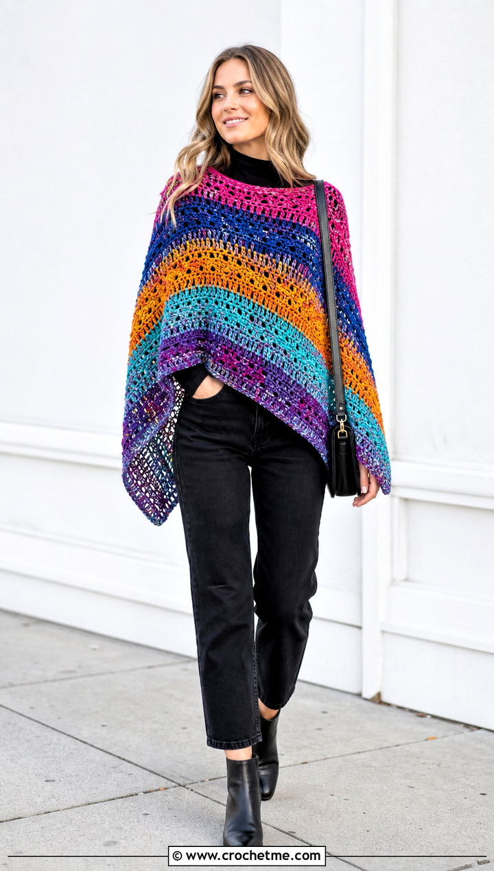 Scrap Yarn Crochet Poncho With Monochrome Basics - 15 diy crochet poncho outfit ideas