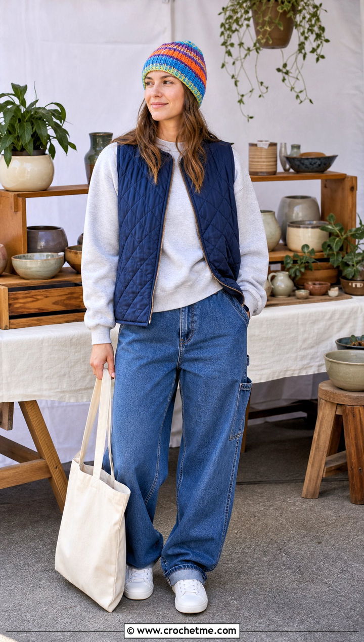 Scrap Yarn Crochet Ribbed Beanie With Quilted Vest And Carpenter Jeans - 35 crochet ribbed beanie outfit ideas