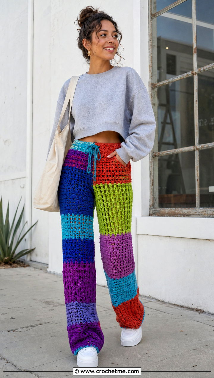 Scrap Yarn Crochet Stacked Pants With Cropped Sweatshirt - 25 Crochet Stacked Pants outfit ideas