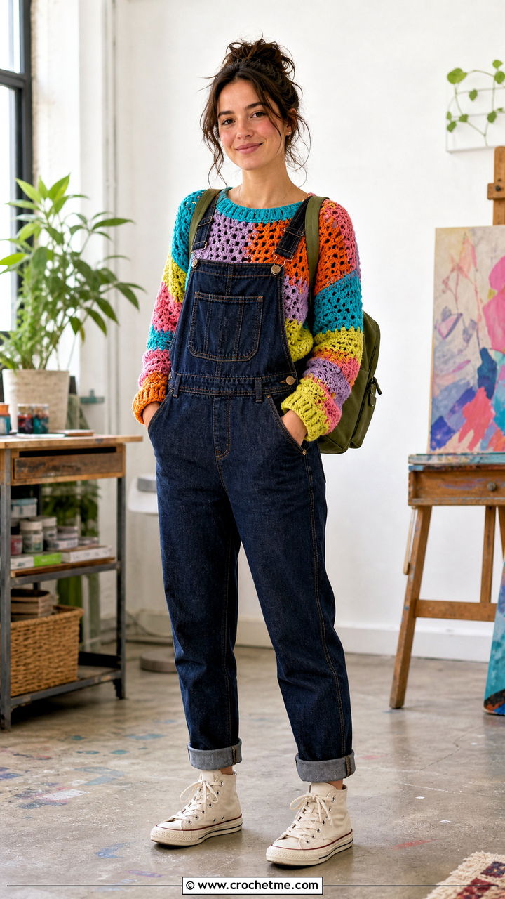 Scrap Yarn Crochet Sweater With Denim Overalls - 35 colorful crochet sweater outfit ideas