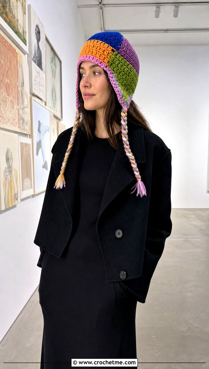 Scrap Yarn Ear Flap Hat With Black Dress - 25 crochet ear flap hat outfit ideas