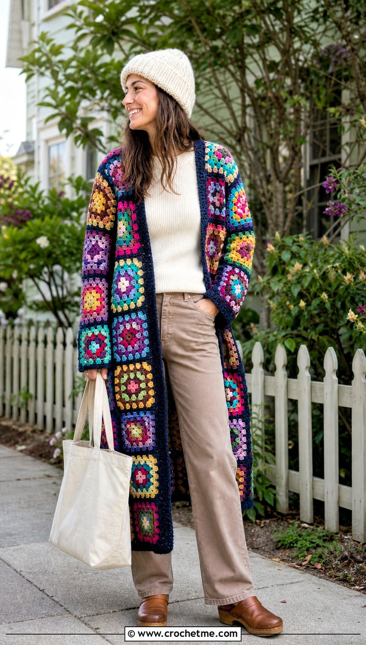 Scrap Yarn Granny Square Coat With Neutral Basics - 30 crochet granny square coat outfit ideas