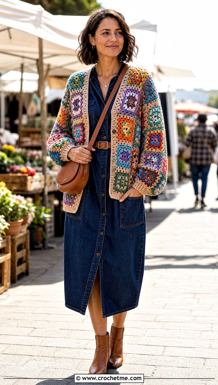 Scrap Yarn Granny Square Crochet Cardigan With Denim Dress - 25 Crochet Cardigan From Square outfit ideas