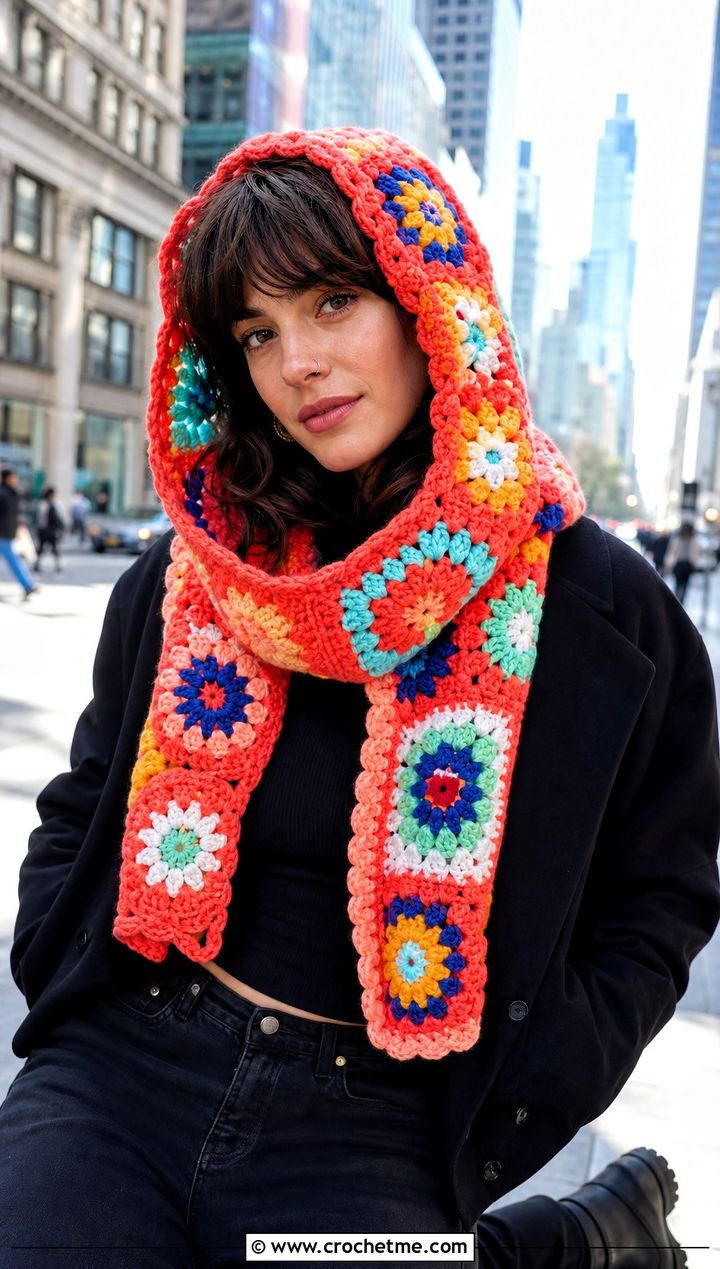 Scrap Yarn Granny Square Crochet Hooded Scarf With Black Basics - 30 Granny Square Crochet Hooded Scarf outfit ideas