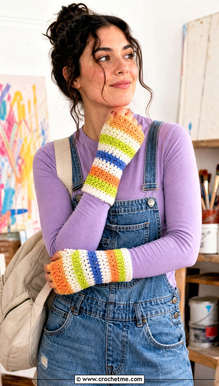 Scrap Yarn Half Finger Gloves With Overalls - 30 crochet half finger gloves outfit ideas