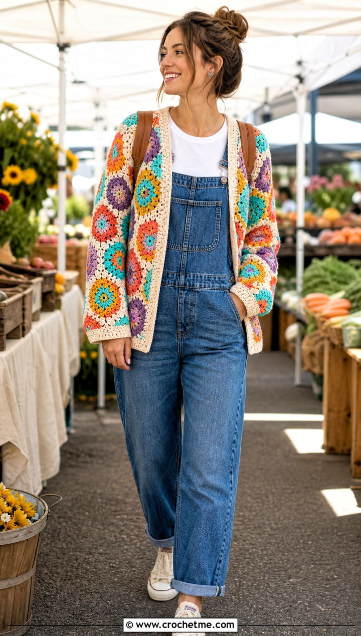Scrap Yarn Hexagon Granny Square Cardigan With Overalls - 35 hexagon granny square sweater outfit ideas