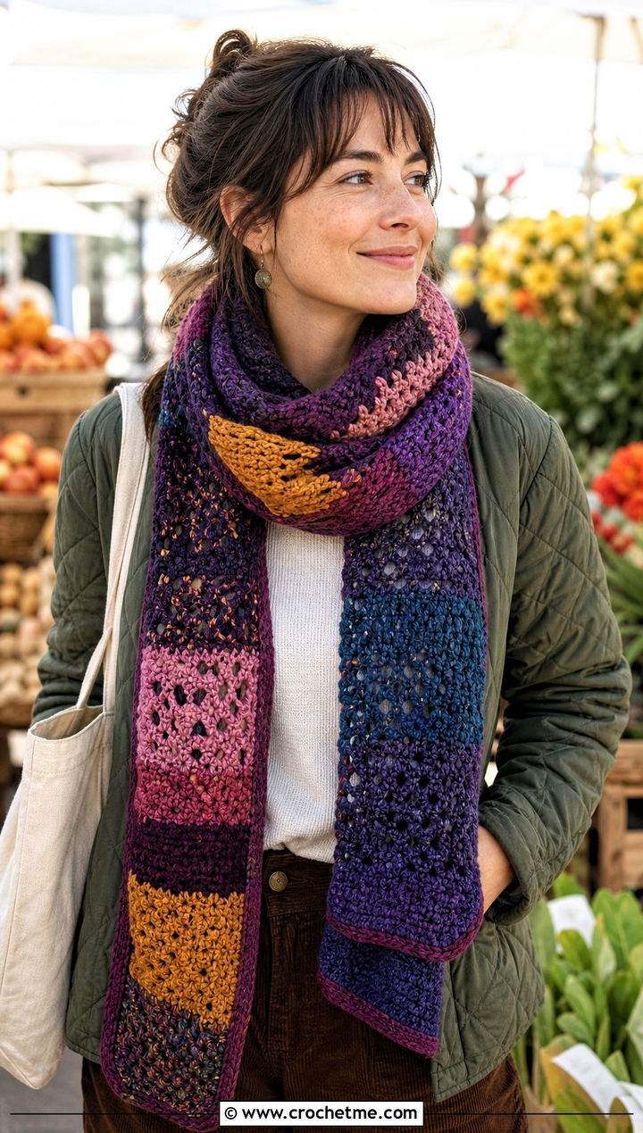 Scrap Yarn Patchwork Crochet Scarf With Quilted Jacket and Corduroy Pants - 15 Patchwork Crochet Scarf outfit ideas