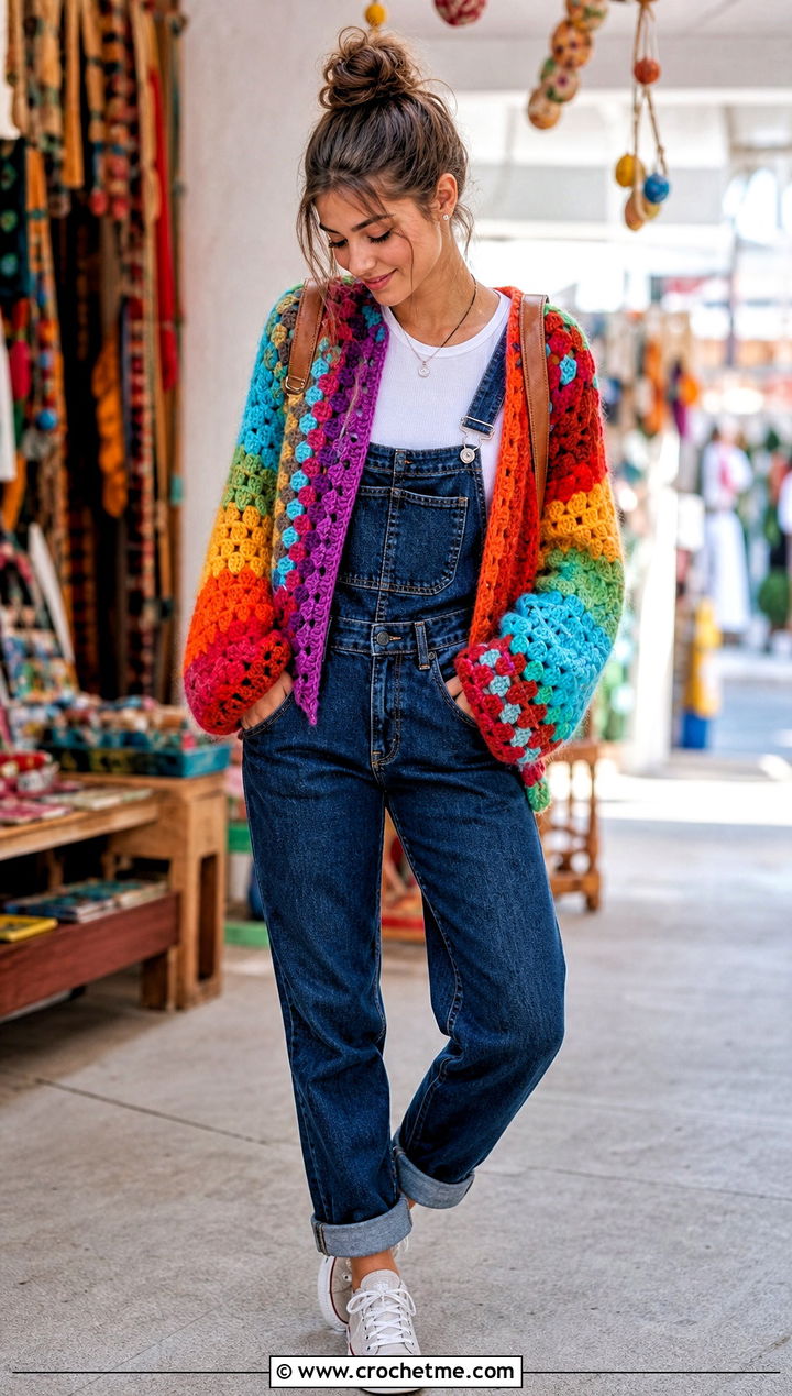 Scrap Yarn Rainbow Harry Styles Cardigan With Denim Overalls - 15 Crocheting Harry Styles Cardigan outfit ideas