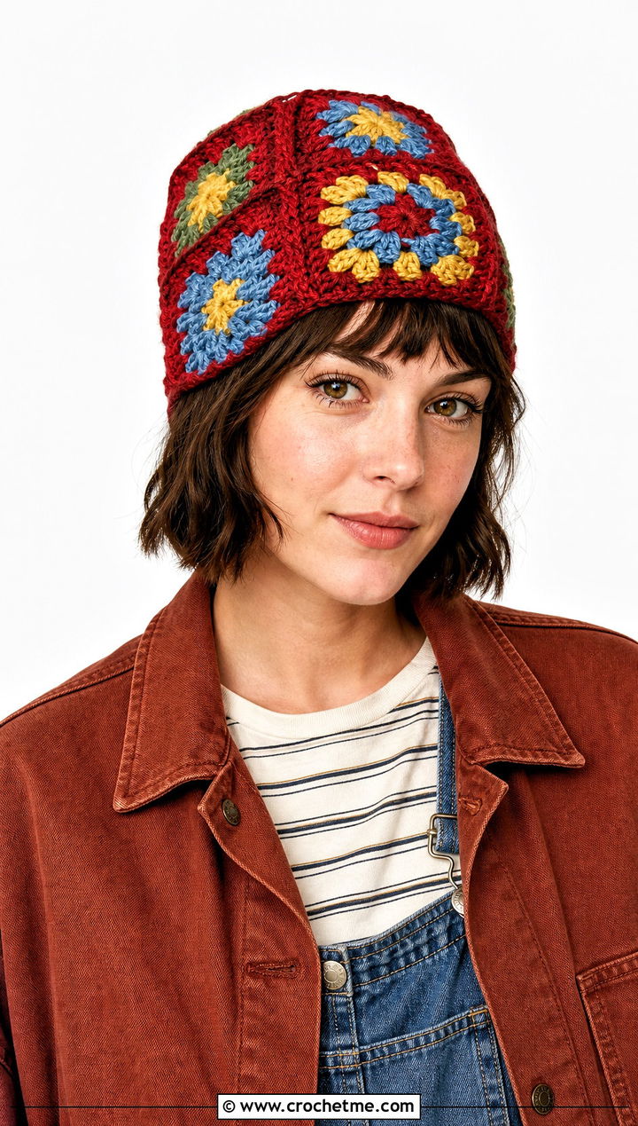 Scrap Yarn Square Beanie With Overalls And Chore Jacket - 25 square crochet beanie outfit ideas