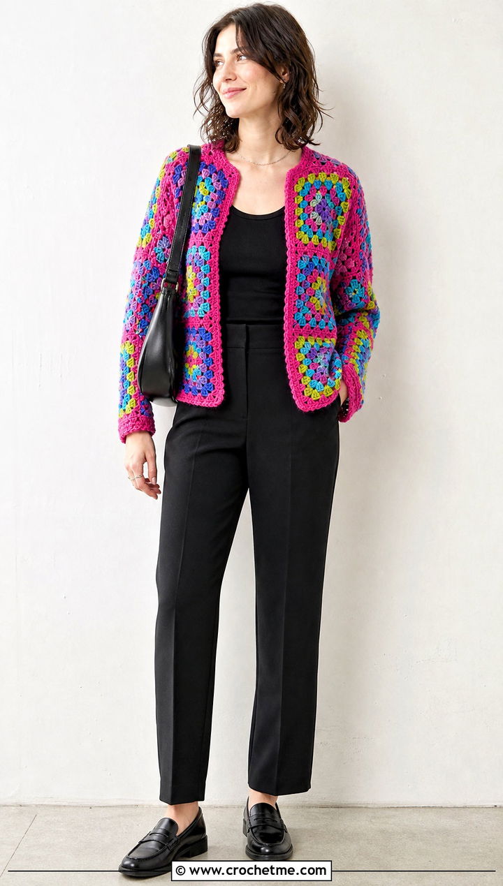 Scrap Yarn Square Jumper With Minimal Black Outfit - 30 crochet square jumper outfit ideas