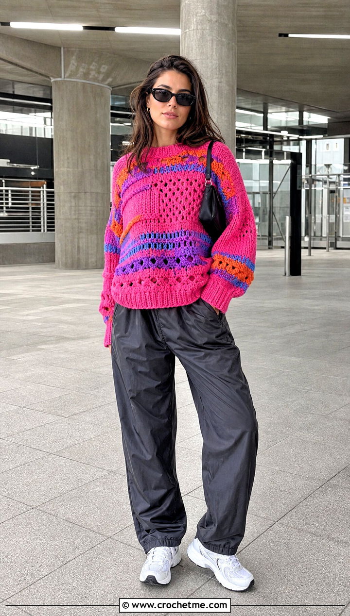 Scrappy Crochet Crewneck Sweater With Parachute Pants - 30 crochet crewneck sweater outfit ideas