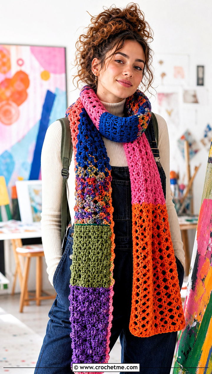 Scrappy Crochet Scarf With Overalls And Sneakers - 25 Crochet Fun Scarf outfit ideas