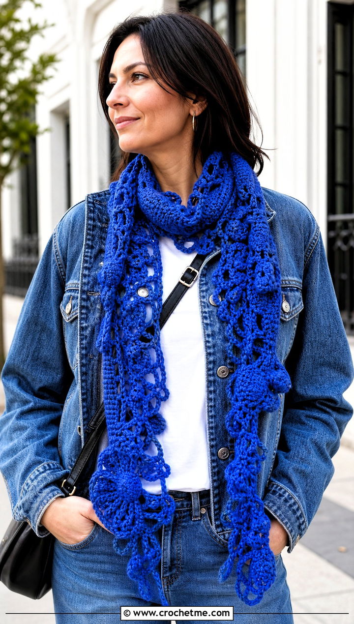 Scrappy Freeform Crochet Scarf With White Tee And Jeans - 25 Freeform Crochet Scarf outfit ideas