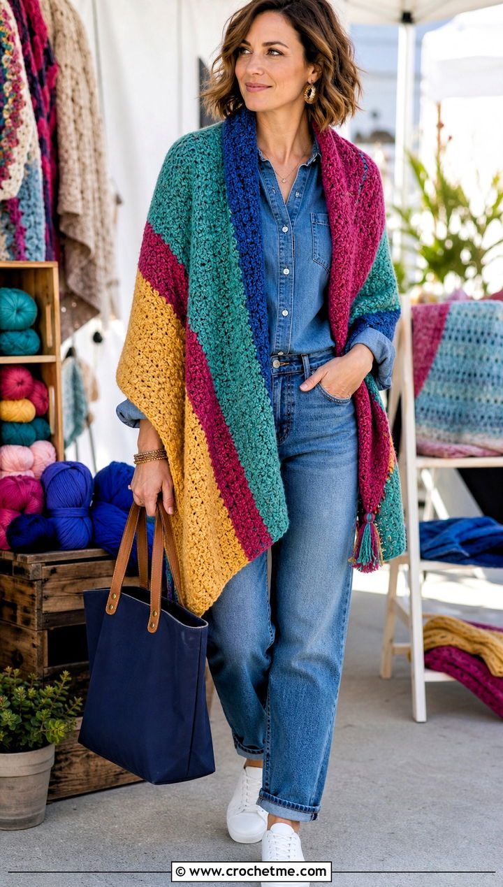 Scrappy Moss Stitch Shawl With A Matching Denim Set - 25 Crochet Moss Stitch Shawl outfit ideas