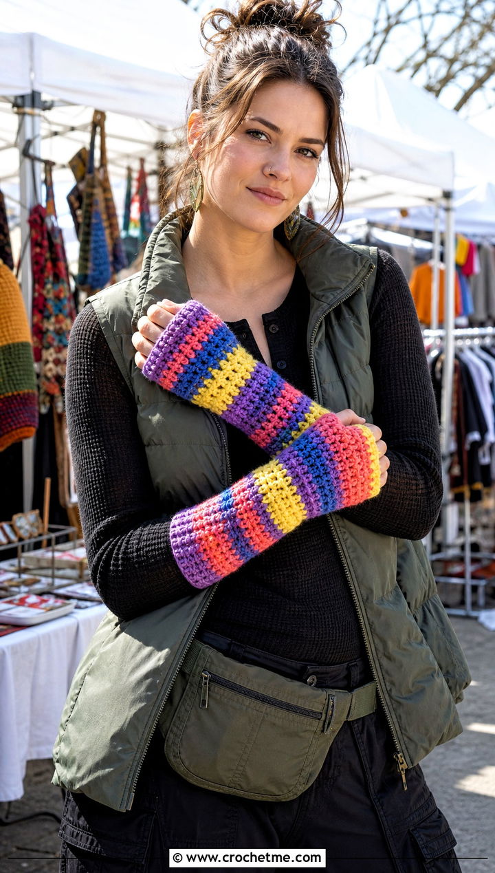 Scrappy Stripe Crochet Arm Warmers With Puffer Vest - 15 Striped Crochet Arm Warmers outfit ideas
