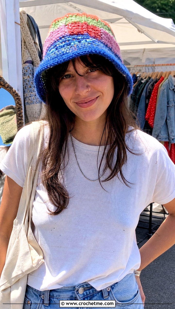 Scrappy Yarn Crochet Bucket Hat With Vintage Tee And Jorts - 30 summer crochet bucket hat outfit ideas