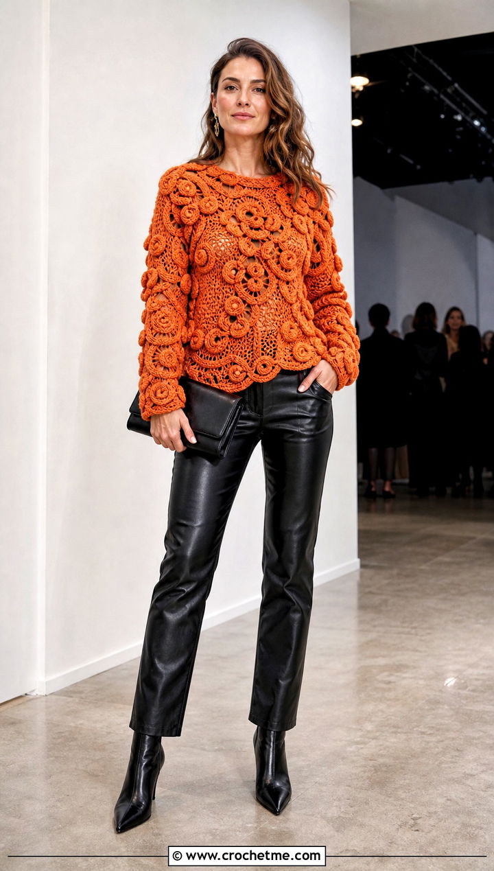 Scrumble Freeform Crochet Sweater With Leather Pants - 30 freeform crochet sweater outfit ideas