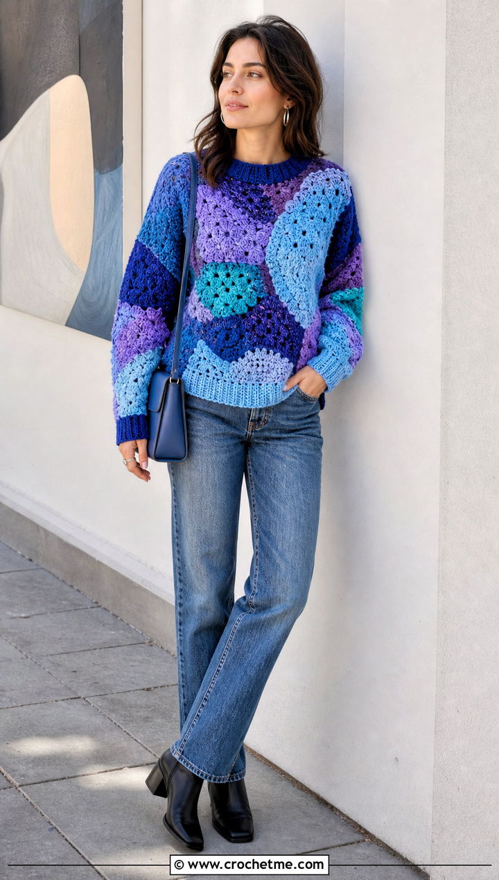 Scrumble Patchwork Sweater With Straight Leg Jeans - 15 Freeform Crochet Sweater Ideas