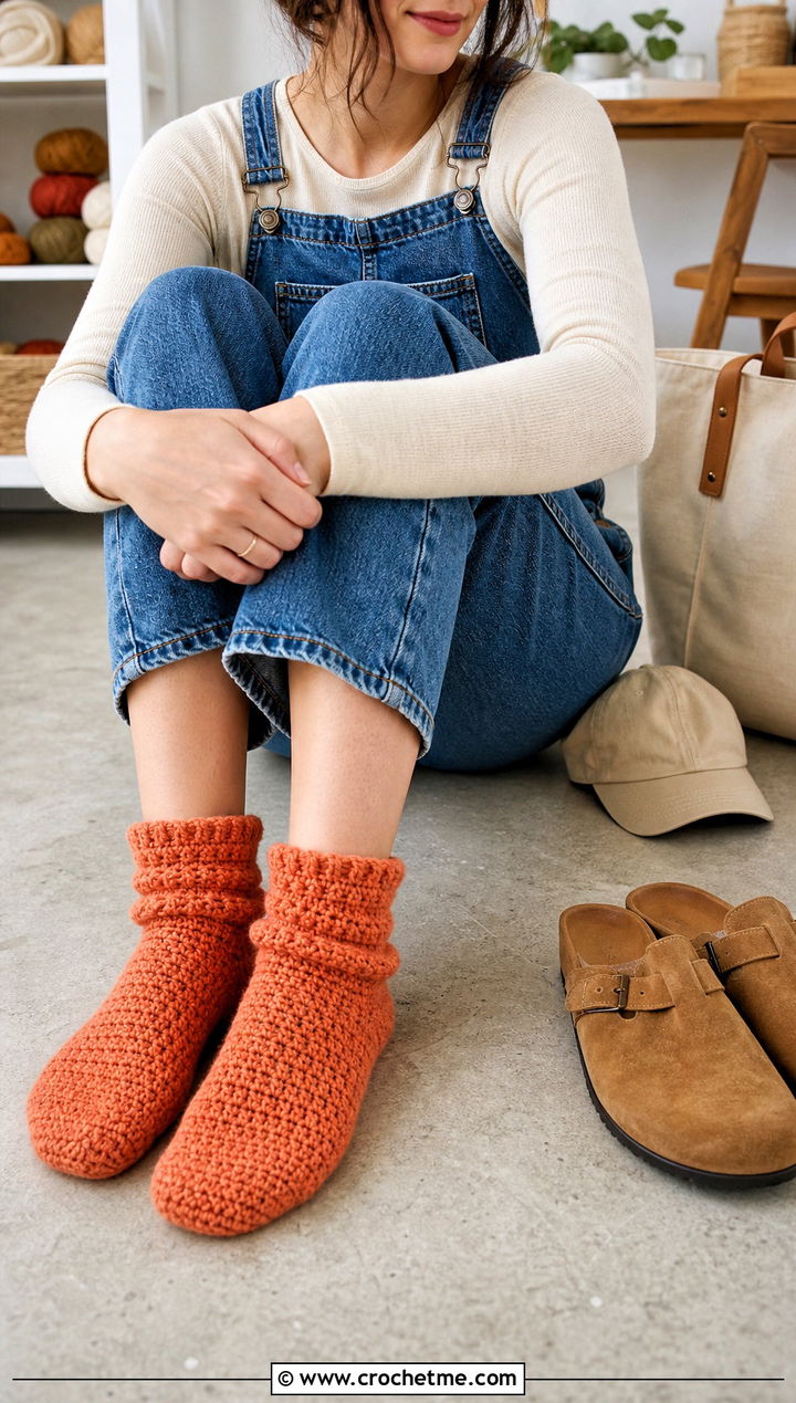 Scrunchy Slipper Crochet Socks With Overalls And Long Sleeve Tee - 25 Crochet Socks For Women outfit ideas