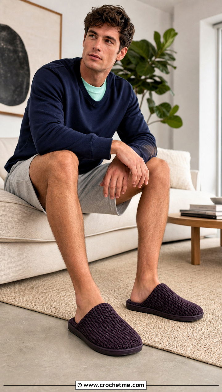 Scuff Crochet Slippers With Sweatshorts And Crewneck - 30 easy mens crochet slippers outfit ideas