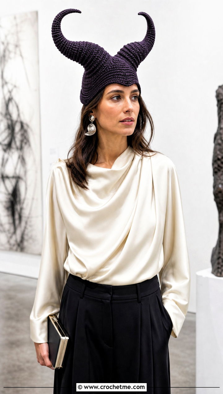 Sculpted Demon Horn Hat With Evening Trousers - 30 crochet hat with horns outfit ideas