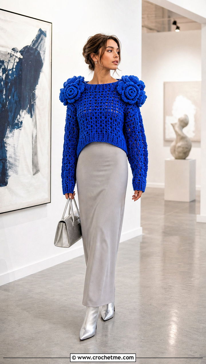 Sculpted Flower Shoulder Crochet Sweater Over A Maxi Dress - 35 crochet sweater with flowers outfit ideas