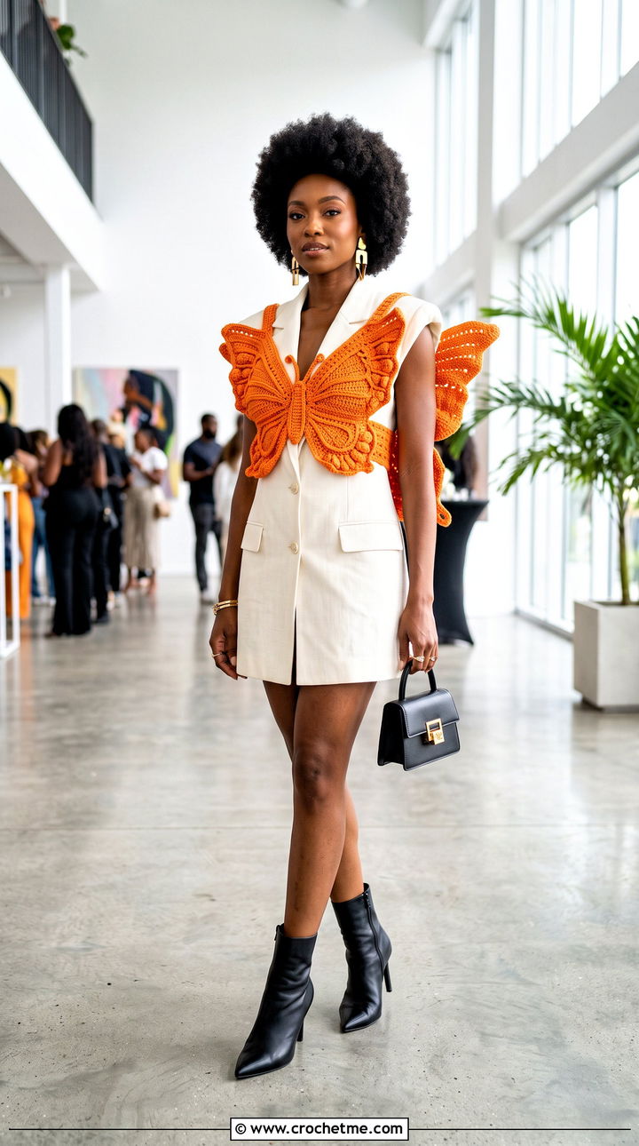 Sculptural Butterfly Crochet Crop Top With Blazer Dress - 35 butterfly crochet top outfit ideas