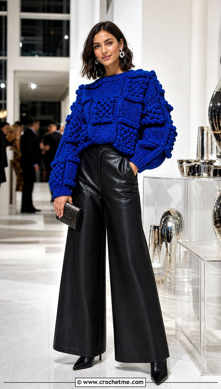 Sculptural Crochet Block Sweater With Wide Leg Leather Pants - 30 crochet block sweater outfit ideas