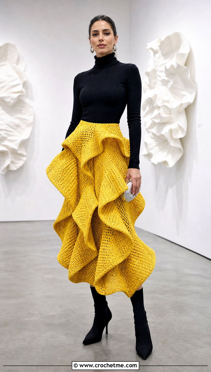 Sculptural Crochet Ruffle Skirt With Fitted Turtleneck - 25 weird crochet clothes and outfit ideas